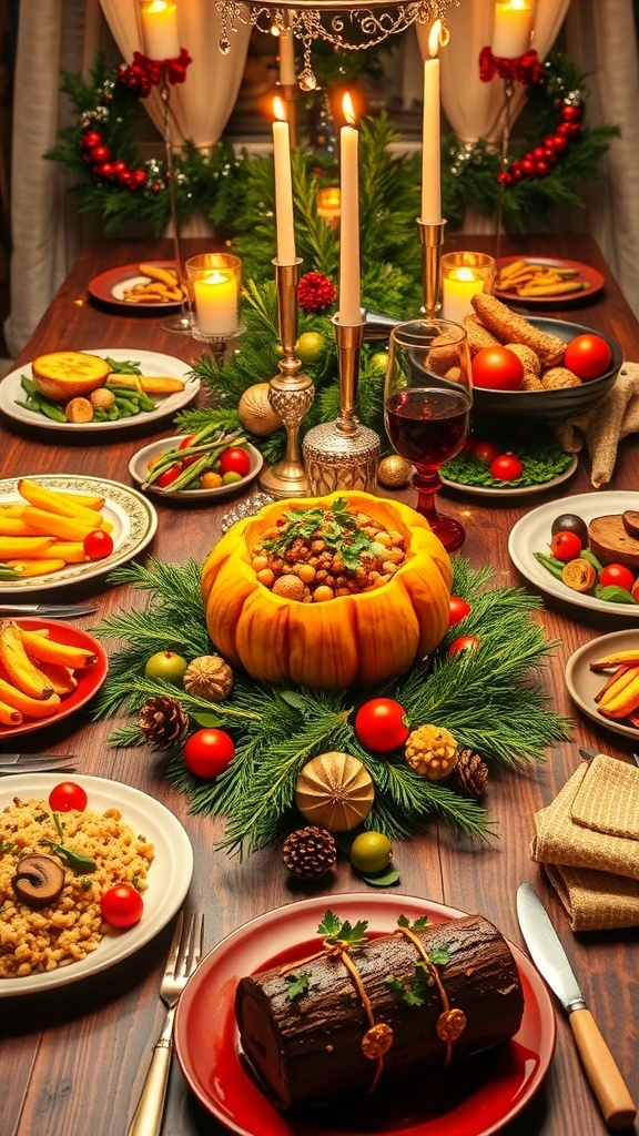 Vegetarian Christmas Dinner Ideas A festive vegetarian Christmas dinner table with stuffed butternut squash, roasted vegetables, mushroom risotto, and chocolate yule log.